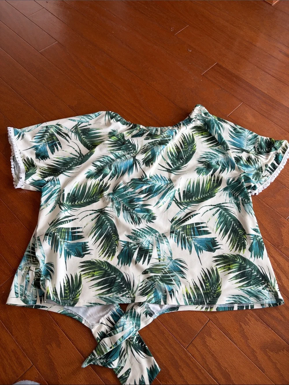 Skye's the Limit White Top with Green Palm Print Tie Front